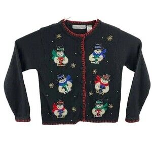 Victoria Jones Snowman Button Up Sweater Women's Size Petite Small